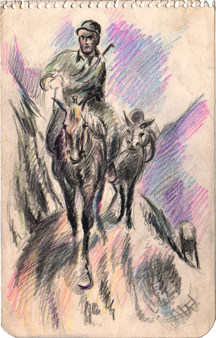 Bronx-born artist Corporal Ben Hurwitz kept a personal record in pencil, pen, and paint of his experience during the North African and Italian campaigns during World War II—including sketches of the mules US and British troops had to resort to when crossing Italy’s steep Apennine mountains. “Everybody was on mules,” Hurwitz (who changed his name to Brown after the war) later commented. “Except that the mule that I was on took a misstep and fell off the mountain and everything I had went with him. I went with him part of the way. Then I fell off the mule and he kept going.”