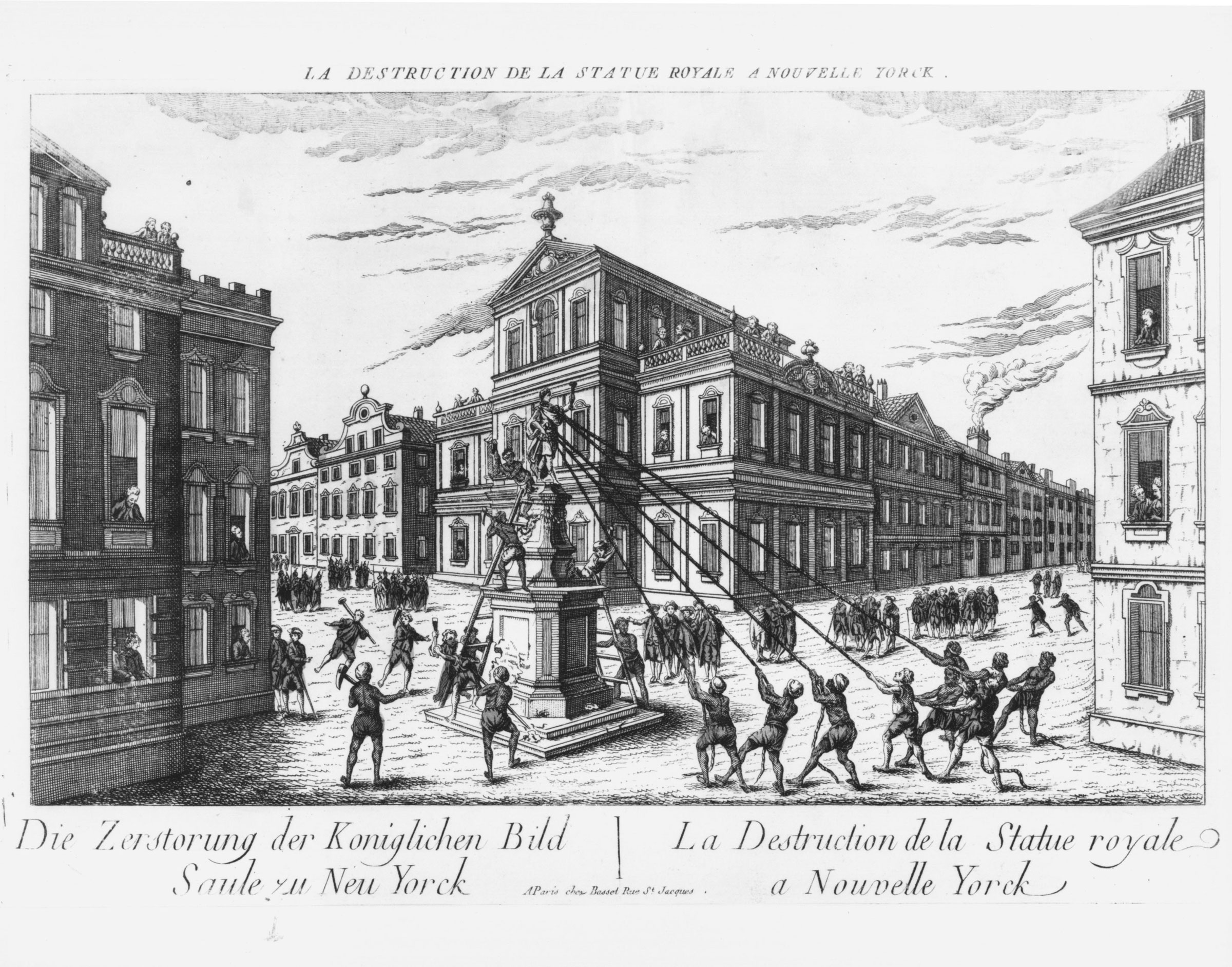 An incident in New York City in 1776 inspired this German engraving. After a public reading of the Declaration of Independence, Patriots marched to a statue of George III standing in the city&rsquo;s Bowling Green and pulled it off its pedestal. The lead statue was reputedly melted down and used for ammunition.