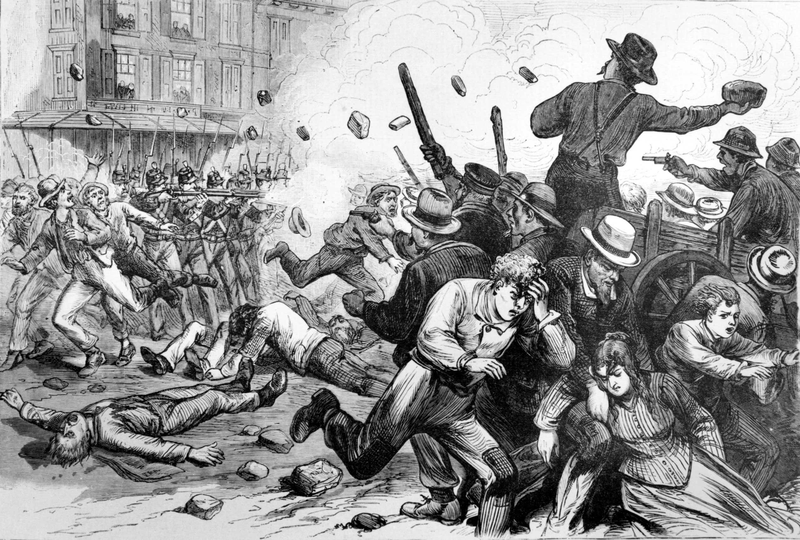 The Sixth Regiment of the Maryland National Guard fire on railroad strikers and sympathizers in the streets of Baltimore during the July 1877 &ldquo;Great Uprising.&rdquo;