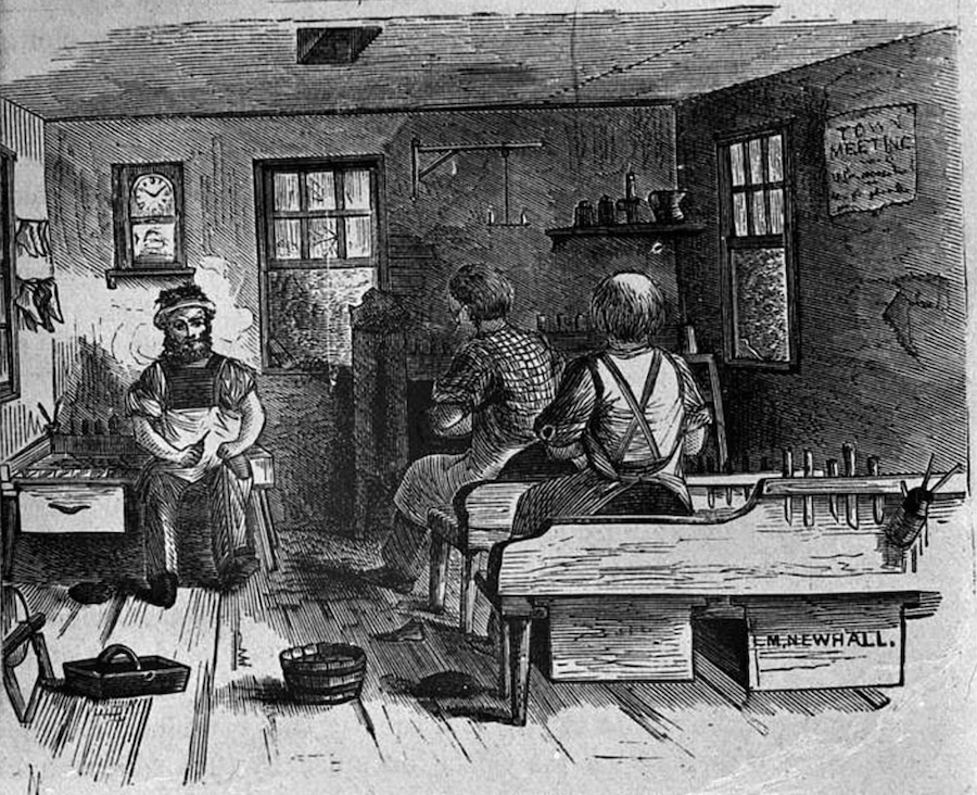 Like many other industries, shoe manufacturing changed in the early 19th century. Previously, most shoemakers worked in their homes or small workshops (called "ten-footers"), where they took part in each stage of production. With the turn of the century, spurred by the increasing demand for cheap shoes, entrepreneurs established factories based on a greater division of labor. Production was divided into a number of stages that could each be completed by less-skilled workers. Those who owned larger shops prospered, while many skilled workers suffered as they were forced to become wage workers. By the time this engraving of a master and journeymen making shoes in a workshop attached to the master&rsquo;s home was published in 1880, the shoemaker&rsquo;s "ten-footer" was only a memory.